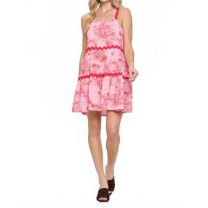 NEW MEET ME IN SANTORINI sunset cottage ric rat detailed dress in pink/red toile